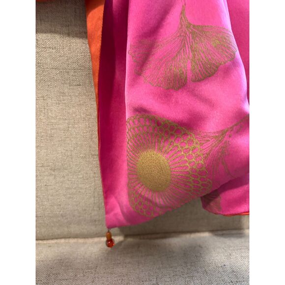 Reversible  Pink Orange Ginko Silk Scarf  Wrap 20" x 72"with Bead Edge - Picture 3 of 3